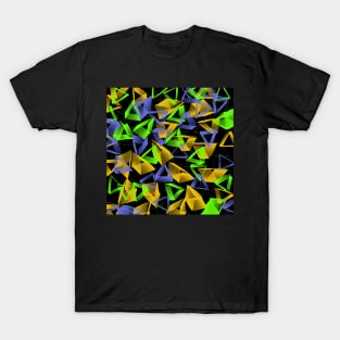 3D Purple Green Yellow Triangles on Black Abstract T-Shirt